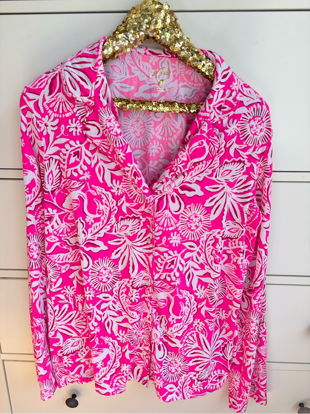 Lilly Pulitzer Pajama Top Absolutely Flamazing Knit Button Front Pink Size XL